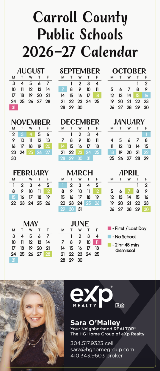 Carroll County Public Schools 2026-27 calendar magnet from Sara O'Malley, Realtor